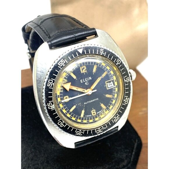 Elgin Mens Watch Diver Swiss Automatic Vintage Black Dial Date Leather Band 42mm - Picture 14 of 15
